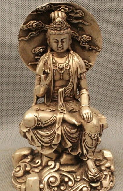 

8" Chinese Buddhism Silver Seat Kwan-yin Guan Yin Goddess Lotus Flower Statue R0715 B0403