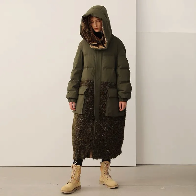 

2018 Winter original design army green casual hooded oversize long wool patchwork coat women white duck down jacket