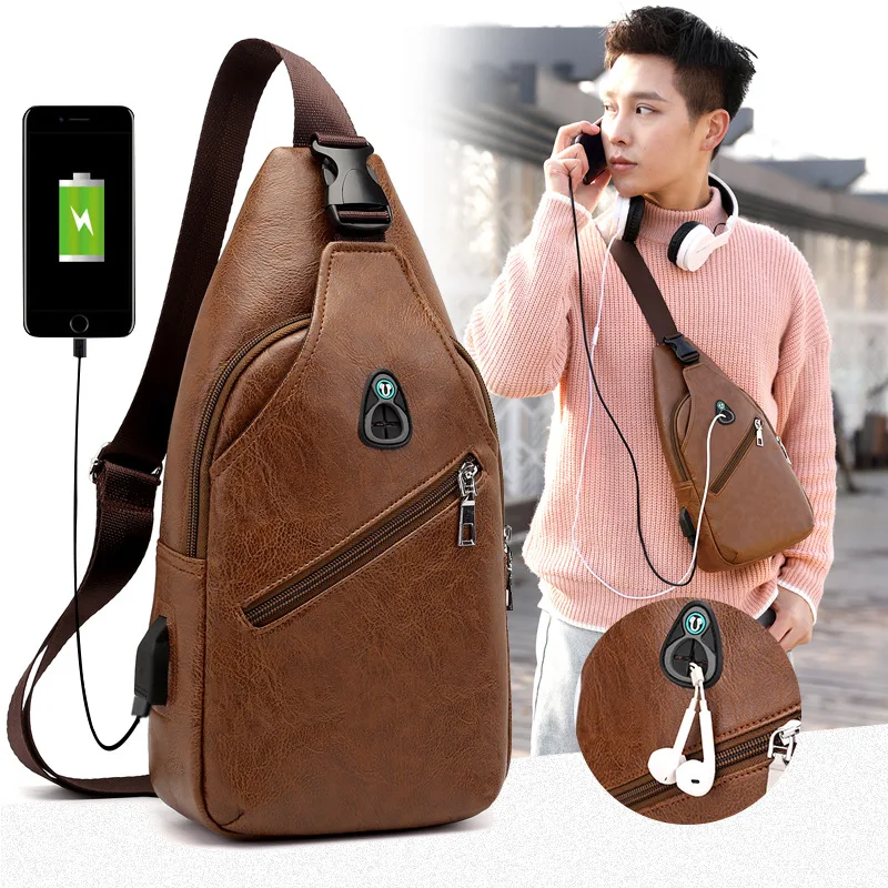 

Men leather Chest Bag Male Casual Functional Fanny Waist Bag Money Phone Belt Bag Sports Usb Chest Bag Belt Pack Outdoor