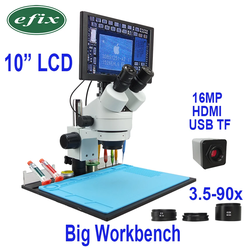 

efix 10" LCD Simul-Focal Continuous Zoom 3.5~90X Trinocular Stereo Microscope 1080 HDMI USB Digital Camera Workbench