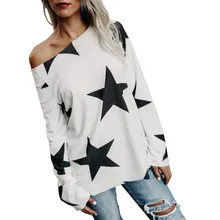 

High Quality Women Fashion Strapless Star Printing Sweatshirt Long Sleeve Crop Jumper Pullover Tops Casual White Blouse Shirts