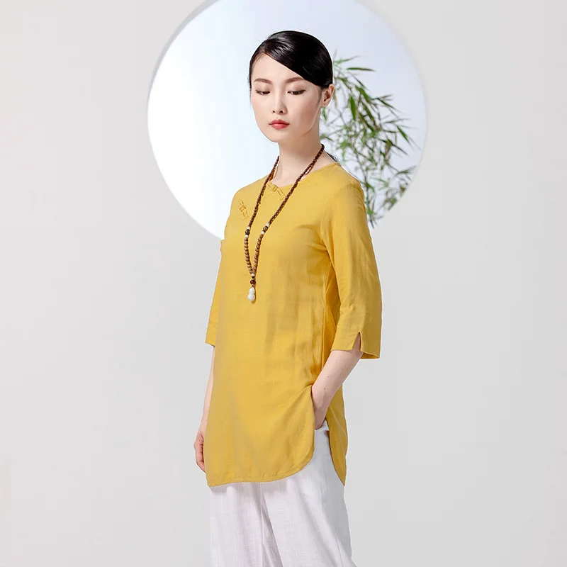

Cheongsam Tops Seven Sleeves Long Section Cotton Linen Spring Autumn Women's Chinese Cardigan Tea Tops