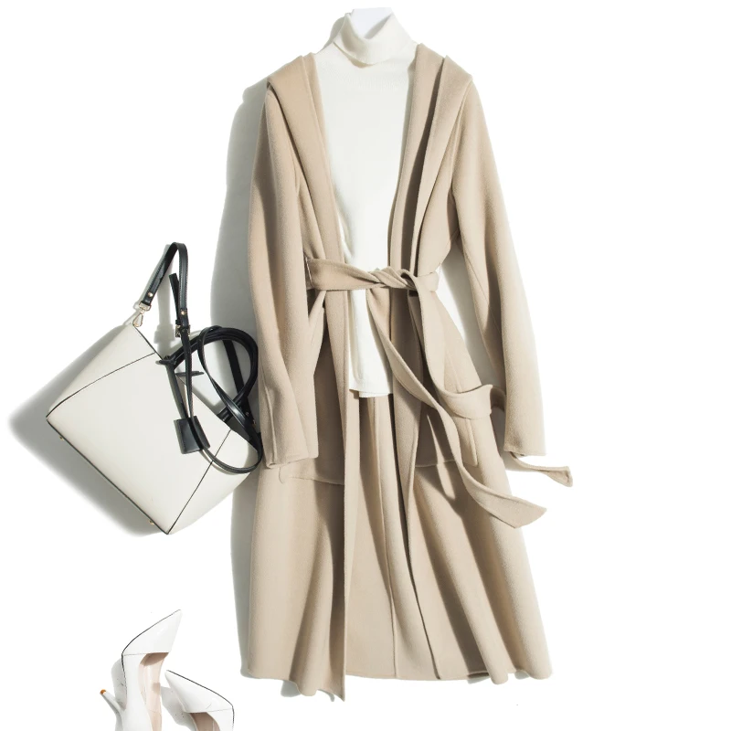 camel Lâche 2018 100 face Mode Ayunsue Capuchon caramel Veste Beige Yq1691 Hiver Laine Manteaux Longue Avec Ceinture Femelle Automne À Manteau Femmes Double B7g7dwq