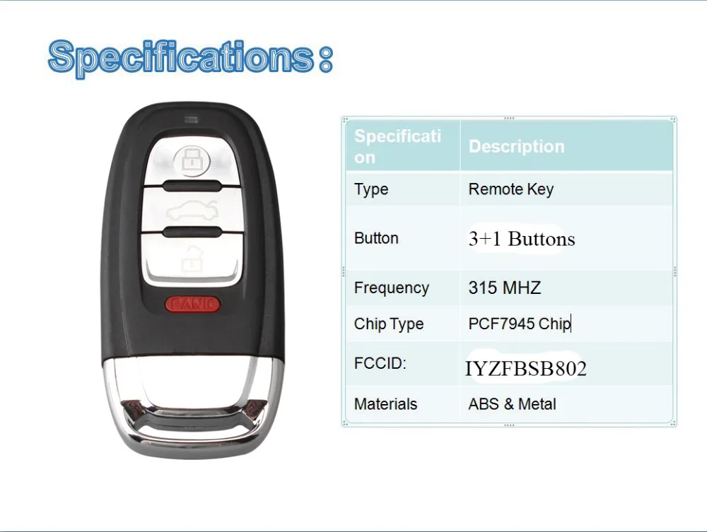 2* IYZFBSB802 New Keyless Entry Remote Car Key Fob Control for Audi A Q R S TT