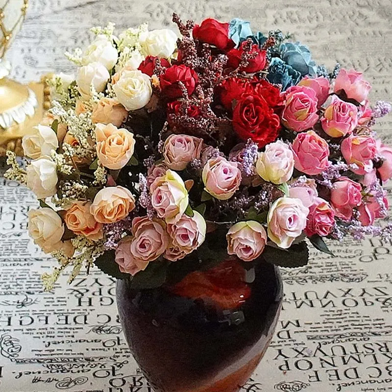 Шелковые европейские розы 15 голов, новогодние, рождественские аксессуары для дома, свадебные вазы для фотографии, искусственные цветы для украшения