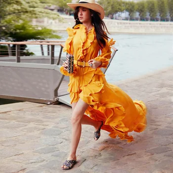 

New Summer Fashion High Street Design Women Stunning Dovetail Beach Dresses Solid Color Asymmetrical Ruffles Long Dress