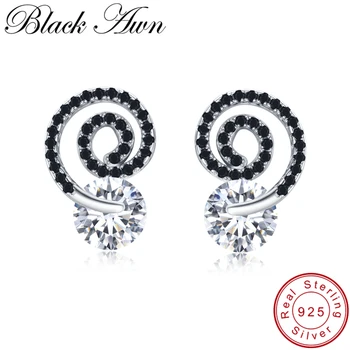 

[BLACK AWN] 925 Sterling Silver Earrings Wedding Black Spinel Stud Earrings for Women Sterling Silver Jewelry I037