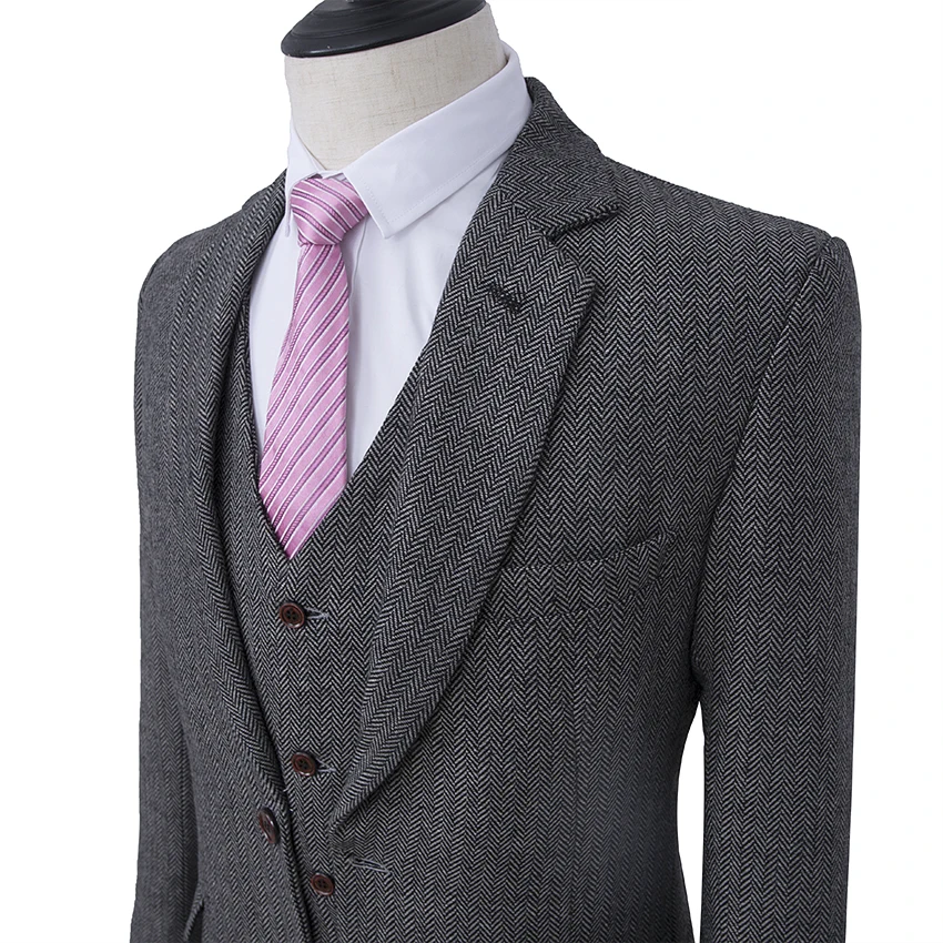 

Tailored New Grey Tweed Suits Men Formal Herringbone Skinny Gentle Prom Blazer Winter Marriage Tuxedo 3 Piece Terno Groom Wear