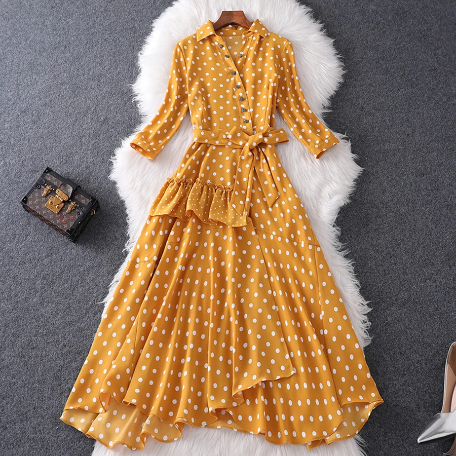 

VERDEJULIAY Runway Yellow Dots Dress Summer 2019 Fashion New Womne Full Sleeve Ruffles Belt Irregular Long Dress VestidoS