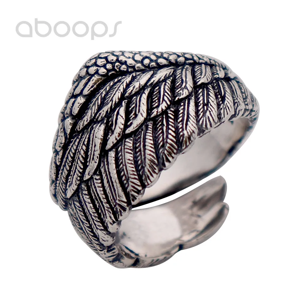 

Vintage Black 925 Sterling Silver Feather Ring Angel Wing Jewelry for Men Women Adjustable Free Shipping