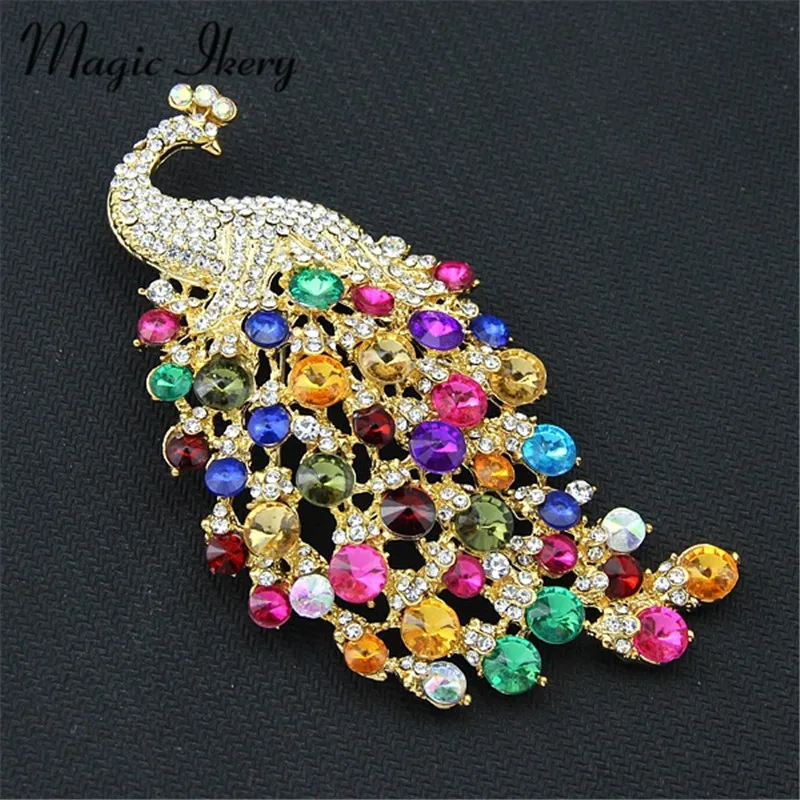 

Magic Ikery Large size Colorful Crystal Zircon Peacock Brooch Pin Beautiful Animal Brooch For Elegant Women Holiday Gift MKDR066
