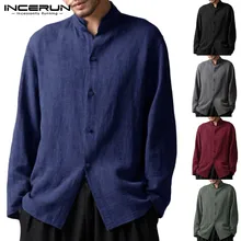 INCERUN китайские мужские рубашки с длинным рукавом со стоячим воротником, свободные хлопковые рубашки, винтажные рубашки, 5XL, социальная одежда, Camisa Masculina