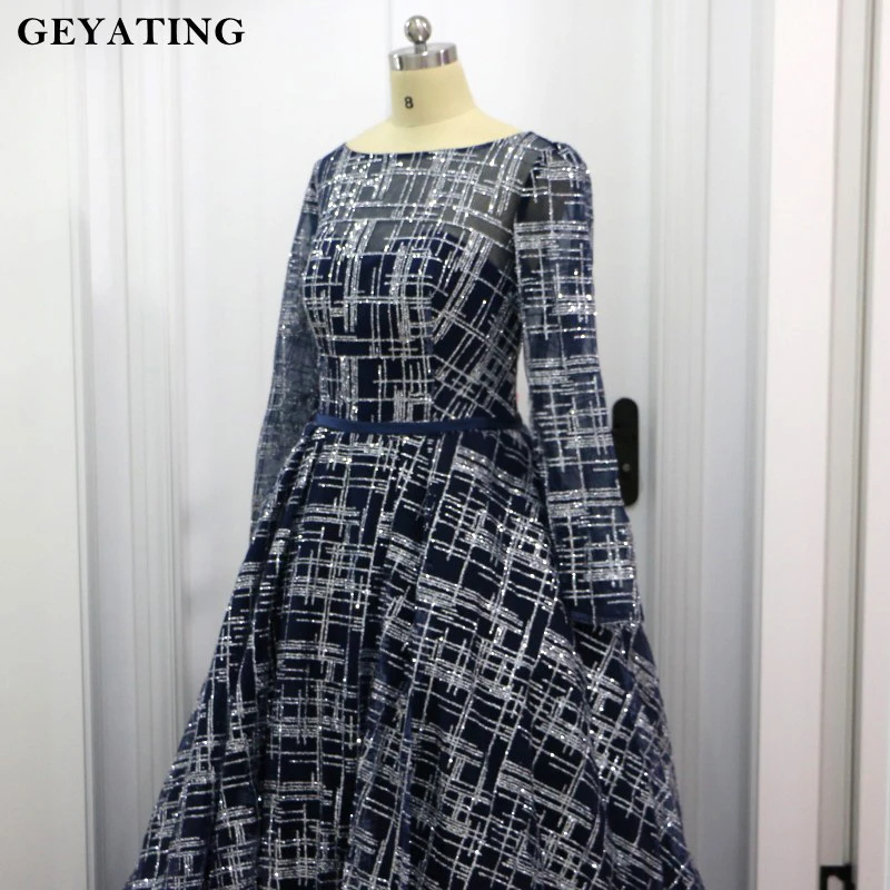 Glitter Sequins Navy Blue Muslim Evening Dress Long Sleeves Boat Neck Backless Sparkly Arabic Prom Dresses in Dubai Kaftan 2019 Glitter Sequins Navy Blue Muslim Evening Dress Long Sleeves Boat Neck Backless Sparkly Arabic Prom Dresses in Dubai Kaftan 2019