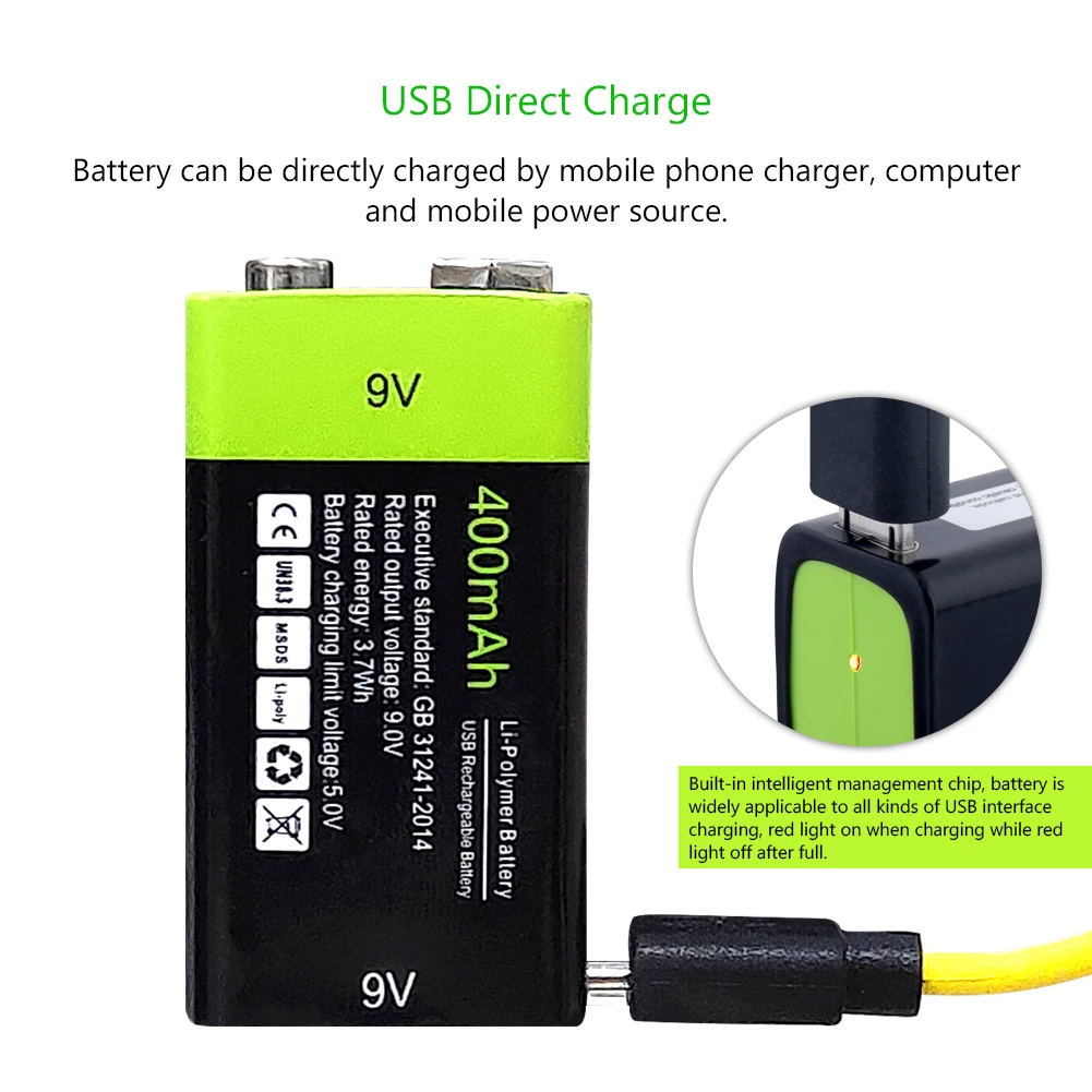 2 предмета 9v Перезаряжаемые ZNT Батарея 9 V заряжается от USB, литий-ионный аккумулятор литий-полимерные батареи длительный срок службы с микро USB кабель Зарядное устройство