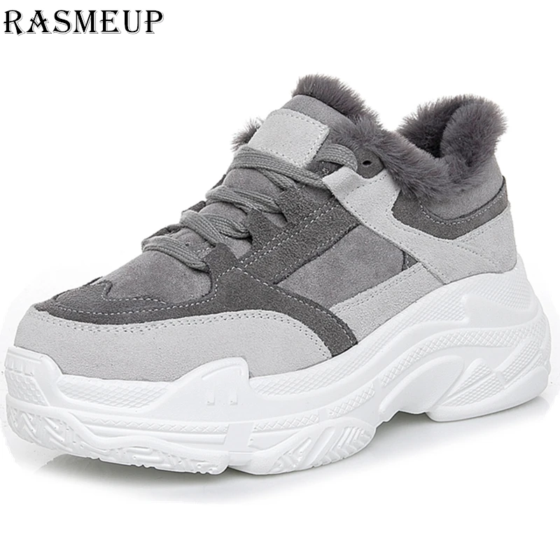 

RASMEUP Genuine Leather Winter Women's Chunky Sneakers Fur Warm Women Platform Sneaker 2018 Fashion Lady Casual Dad Shoes White