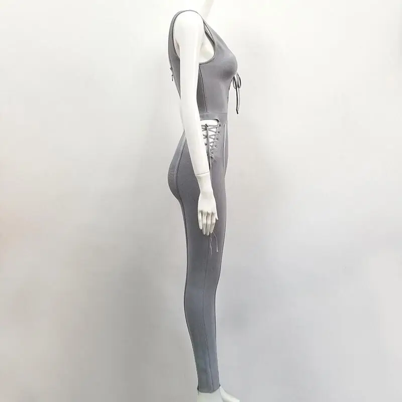Высокое качество, женский летний сексуальный серый бандажный комбинезон с v-образным вырезом, как у знаменитостей, дизайнерские, Модный комбинезон
