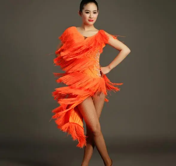 

Tassel latin Rumba cha cha salsa tango dance dress S-XXL orange yellow gb017