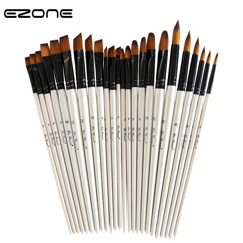 EZONE 6PCS Paint Brush Design Of Flat/Round/Slant/Hook Line Brushes For Watercolor Oil Gouache Painting School Office Supply