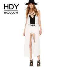 HDY Haoduoyi Brand Women Two Colors Black White Casual Lace Shirts Hollow Out Sleeveless Long Line Plunge Neck Cut Out Blouse two tone cut out chain bag