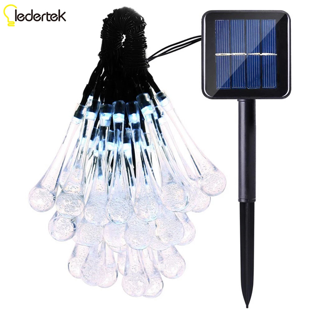 ledertek solar cadena luces 6m 30led en forma de lagrimas y de 8 luces distintos 10 horas de funcionamiento para jardin patio hogar arbol de