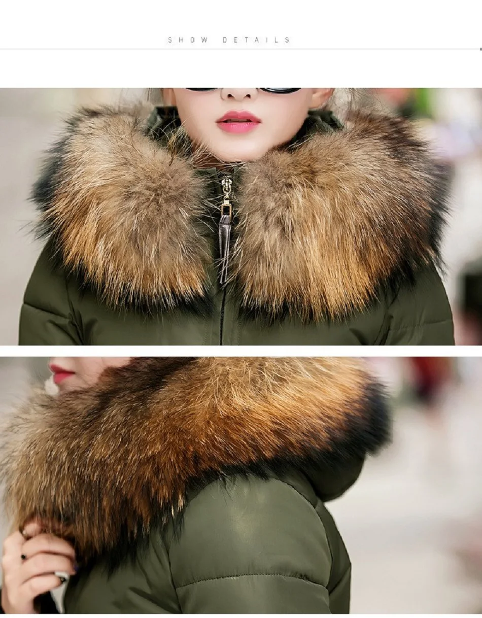 Зимние женские пальто, толстый теплый тонкий пуховик, женское длинное пальто с капюшоном и большим меховым воротником, Корейская версия женской куртки