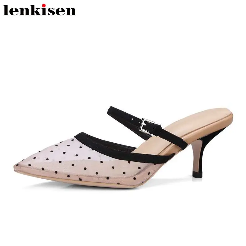 

Lenkisen lovely polka dot mesh pointed toe mules solid slip on high heels concise shoes fairy party meeting woman sandals Lf3