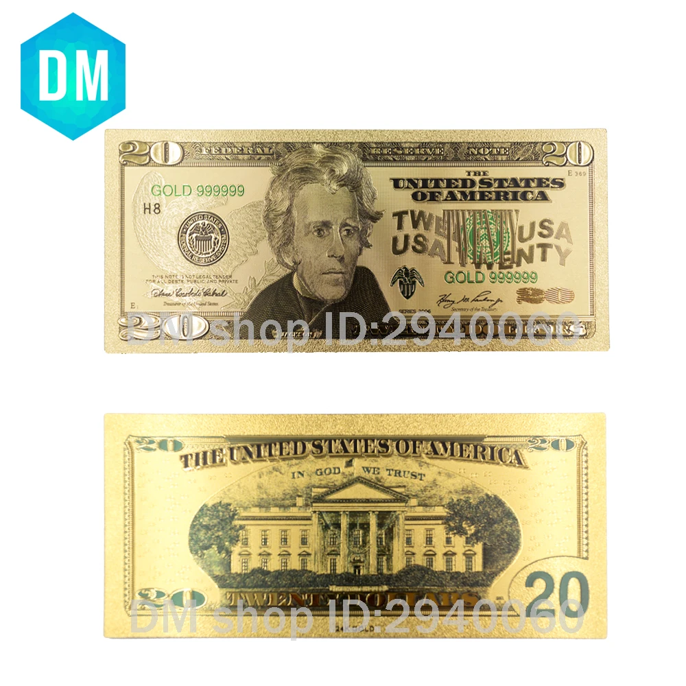 

24k Gold Banknotes USA 20 Dollar Foil Bills Collections Currency Fake Money Home Decor Bank Notes Free Shipping
