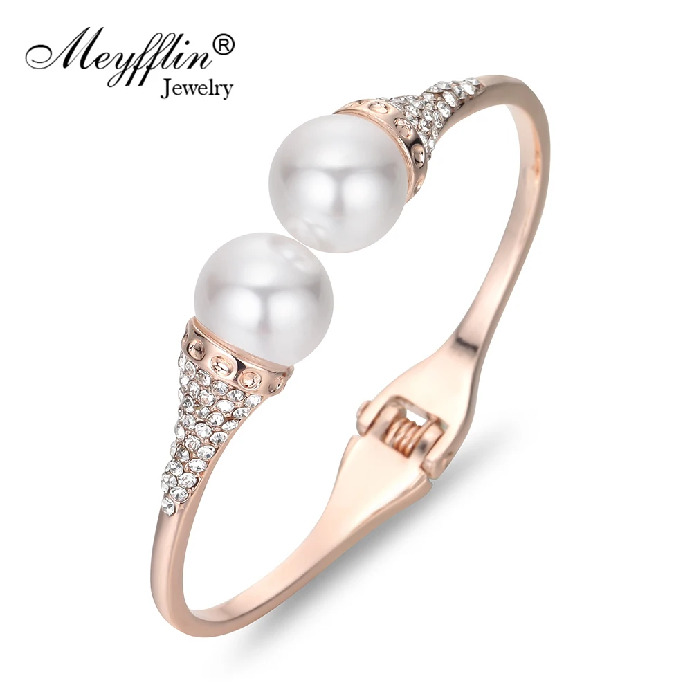 

Meyfflin Fashion Simulated Pearl Cuff Bracelets & Bangles Jewelry Vintage Crystal Opened Bracelet Gold Silver Color Bijoux 2019