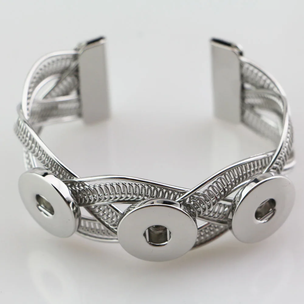 6PC Men Silver Wide Twist Punk Style Open Cuff Bangles With Three Snap