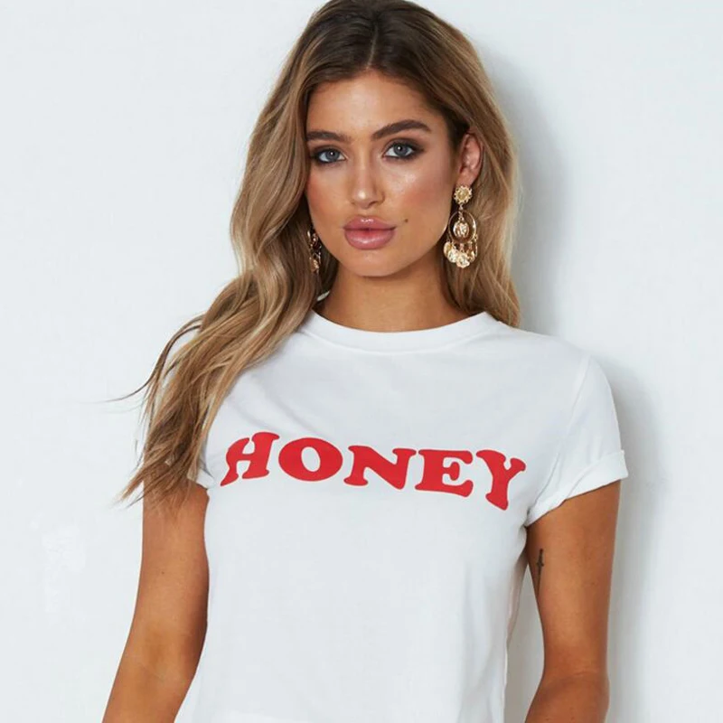 Женская футболка с коротким рукавом BLWHSA Повседневная из 100% хлопка надписью Honey