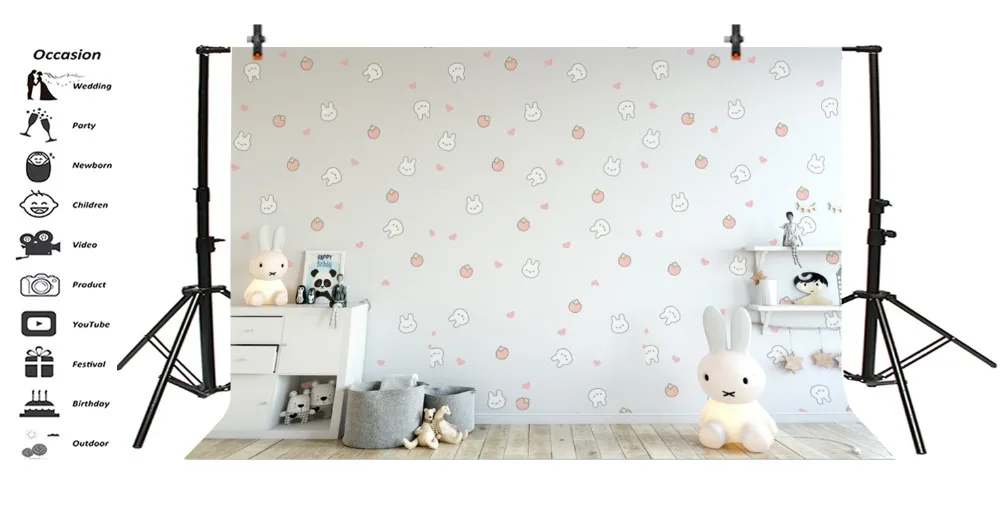Laeacco Baby Room Interior Rabbit Pattern Wall Desk Photography Background Customized Photographic Backdrops For Photo Studio