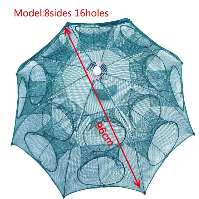 Складной Портативный 4/6/8/10 отверстий Автоматическая рыболовная креветка Ловушка рыболовная сеть Рыба Креветки Минноу краб приманки Литой сетки ловушка для продажи - Цвет: 8sides 16holes 96cm