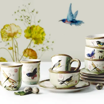 

Ceramic Dinnerware Sets Traditional Chinese Character Porcelain Cup Kit Butterfly Under Glazed Printed 12 Pcs Tableware Creative