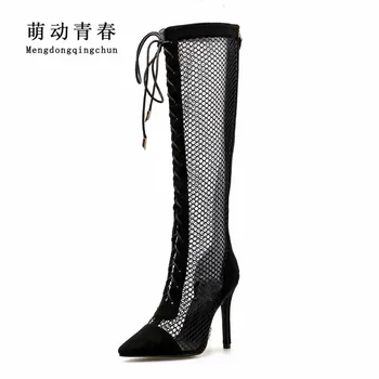 

New Autumn Women Boots Fashion Lace Up Hollow Out High Heeled Summer Boots Sexy Women Over the Knee Pointed Toe Cross Tied Botas