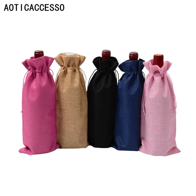 Vintage Rustic Jute Wine Bag Hessian Burlap Drawstring Gift Bags Wedding Party Decor Red Wine Bottle Covers Wrap Packaging Pouch