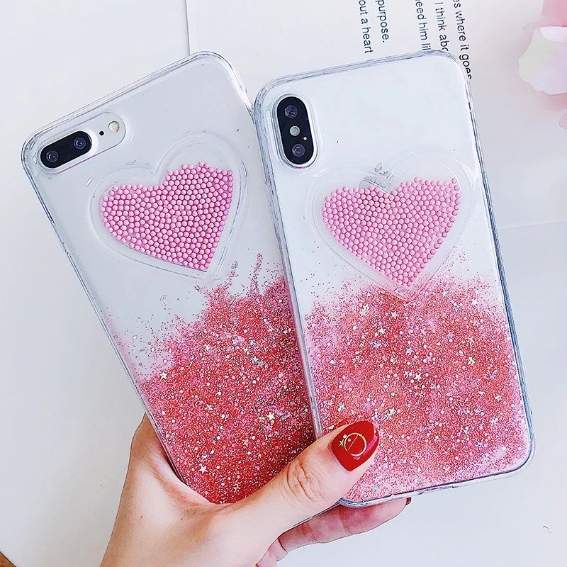 Liquid Glitter Case For iPhone 7 8 6 Plus X Cases Fo iPhone 6S Case Lovely Heart Quicksand Dynamic Clear Cover For iphone 8 Case (1)
