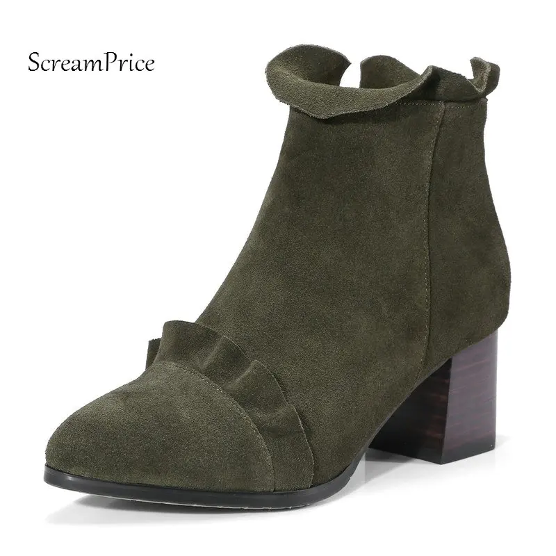 

Fashion Ruffles Comfort Square Heel Woman Ankle Boots Side Zipper Pointed Toe Dress Shoes Woman Black