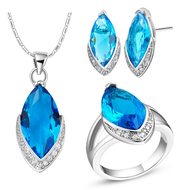 925 Sterling Silver Sets For Women Blue Red Purple Cat Eyes Crystal Necklace Earrings Ring Wedding