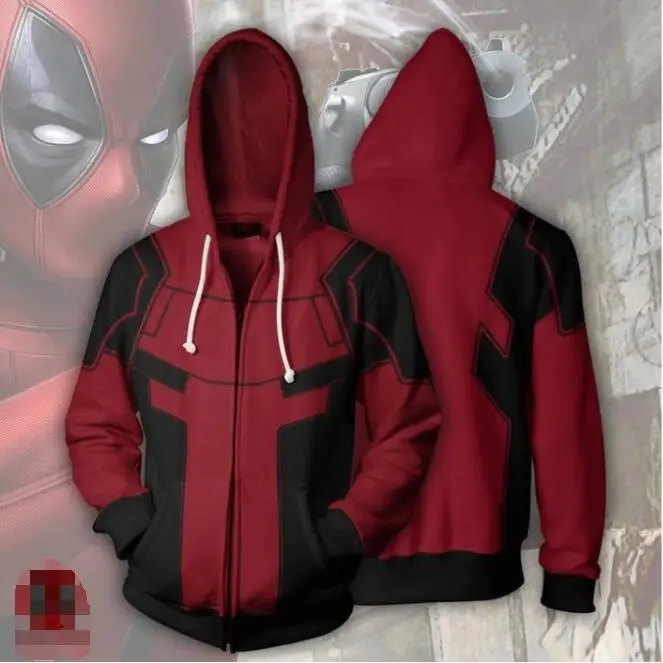 

Men Clothing Superhero Movie Deadpool Cosplay Hoodies 3D Printing Sleeve Zippers Sweatshirts Coat Fashion