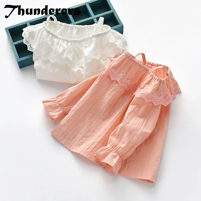 

Thunderers 2019 New Fashion Long Sleeve Off Shoulder Kids Shirt Bell Sleeve Embroidery Lace Casual Girl Blouses Children Clothes