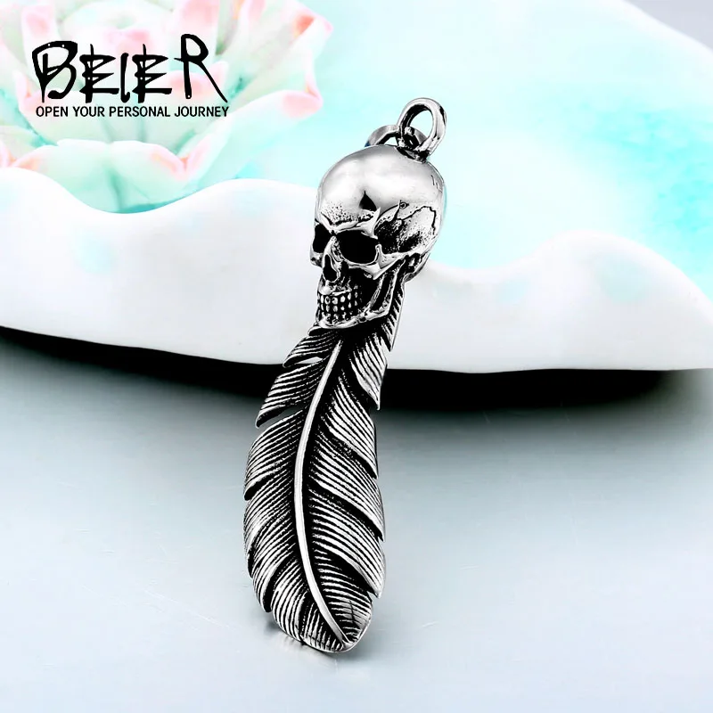 

BEIER Stainless Steel Leaf fashion chain Feather Skull necklace pendant for man jewelry punk charm choker gothic Gift BP8-448