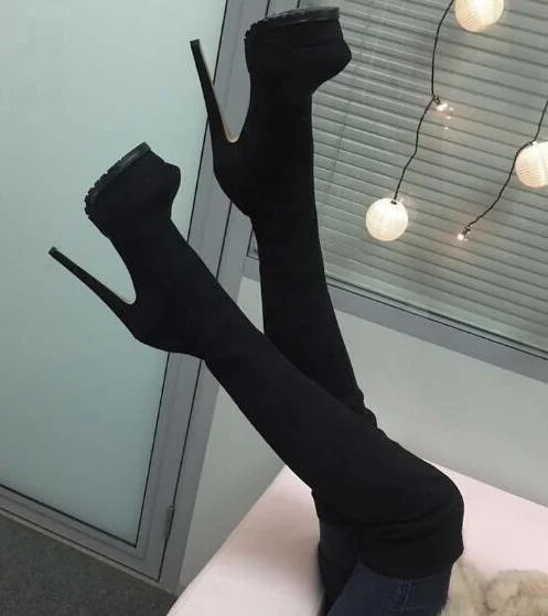 Сексуальная черная замша на шпильке, до бедра, ботинки круглый носок Высокая платформа Для женщин Высокие сапоги размера плюс 11 Slim Fit высокие зимние сапоги S
