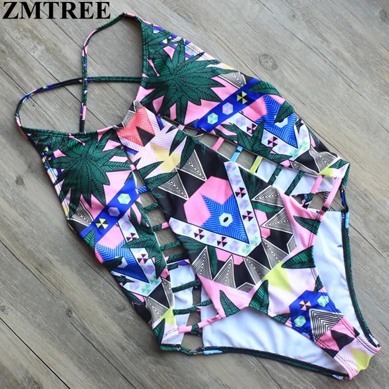 ZMTREE 2017 New Printed Bodysuit Sexy High Cut One Piece Hollow