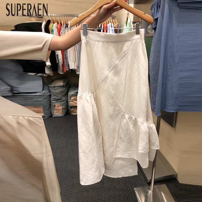 

SuperAen Korean Style Women Skirts 2019 Summer New Cotton Ladies Skirts Solid Color Irregular High Waist Skirts Female