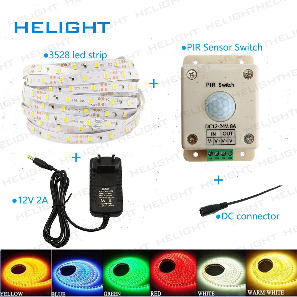 DC12V 3528 LED strip light 5M 300LED single color IP65&ampIP20 Flexible Strip Festival light+PIR Sensor switch+Power | Освещение