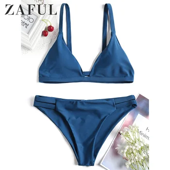 

ZAFUL Cami Ladder Cut Ruched Spaghetti Strap Padded Two-Piece Bathing Suit Solid Blue Swimming Suit For Women Swimwear Female