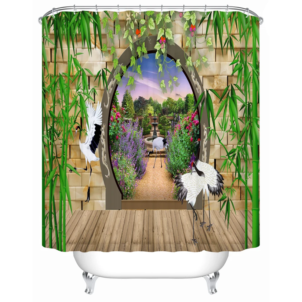 CHARMHOME Shower Curtains Chinese Classical Garden Style White Crane