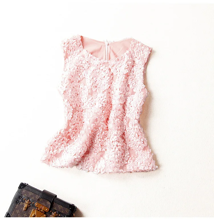 Высококачественная Новая летняя женская модная розовая объемная Цветочная футболка с круглым вырезом+ элегантная сетчатая юбка, комплект из 2 предметов, Conjunto Feminino