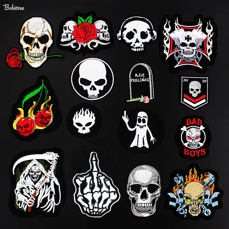 

Fashion Popular Skeleton Skull Cloth Patches Iron on Embroidered Applique Punk Badges for Jacket Jeans Cloth Decoration
