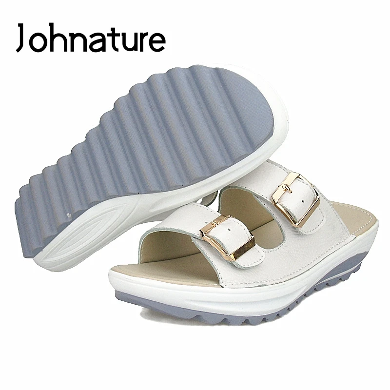 

Johnature 2019 New Summer Genuine Leather Peep Toe Breathable Casual Outside Womens Beach Shoes Flat Platform Slippers Slides